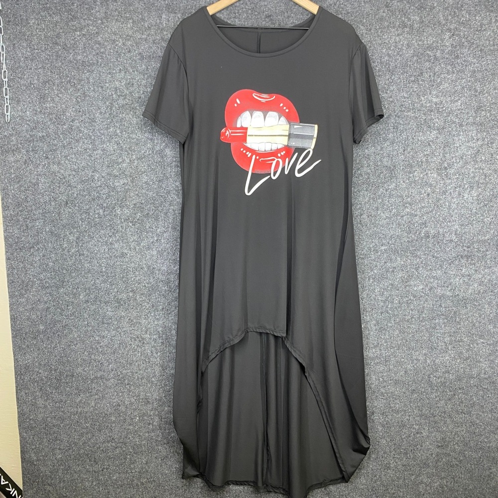 Womens Black High Low Graphic Tunic Dress Red Lips Lipstick Love Print XL